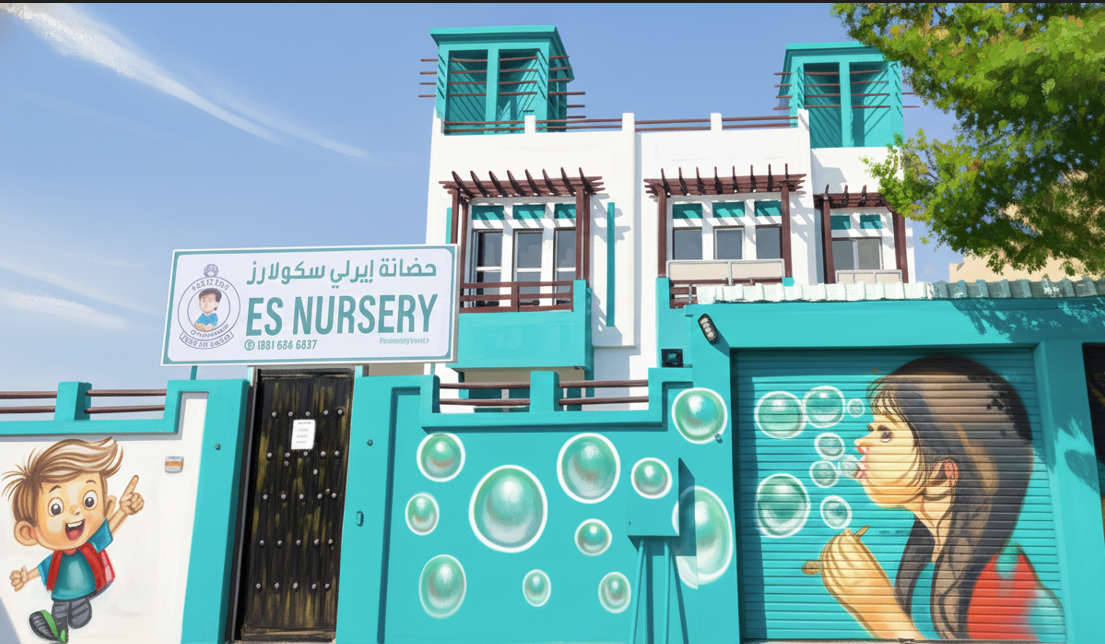 Early Scholars Nursery building front gate — turquoise with ES Nursery sign and decorative children's artwork